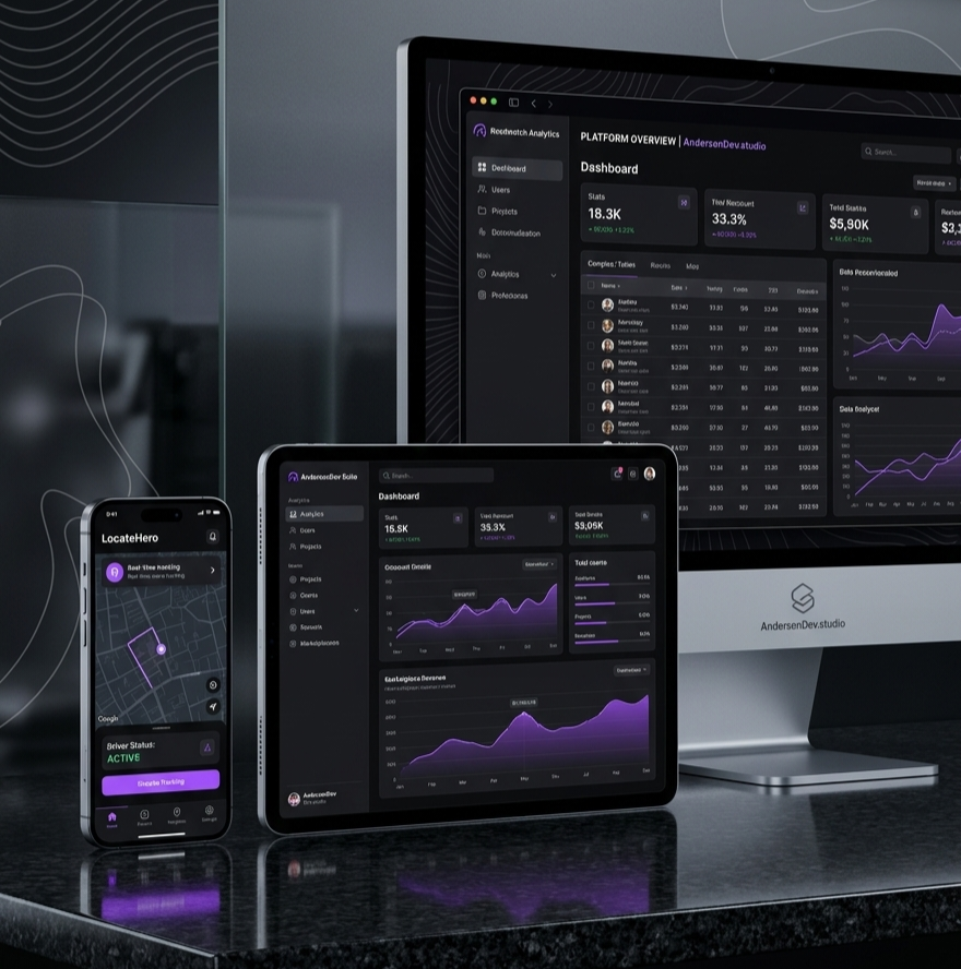A collection of three devices—a smartphone, a tablet, and a desktop monitor—showcasing diverse dark mode development styles for AndersonDev Studio, including a real-time tracking application, a cross-platform dashboard, and a responsive web application overview, with deep black backgrounds and subtle purple accents.